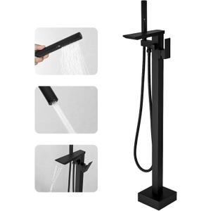 RUMOSE Matte Black Bathtub Filler Freestanding Tub Filler Floor Mount Tub Faucet Waterfall Free Standing Bathtub Faucet High Flow Brass Bath Shower Faucets with Handheld Sprayer