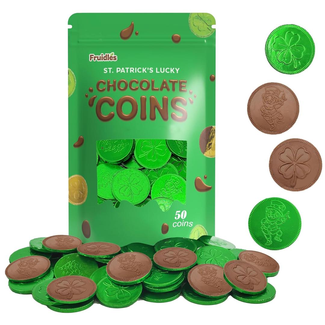 3 x St. Patrick's Day 50 Coins Shamrock & Leprechaun Milk Chocolate Green Coins, Themed Parties, Events and Celebrations, Perfect for Gift Bags and Festive Decorations, 4.5g Milk Chocolate Coin (EXP 11/02/27)