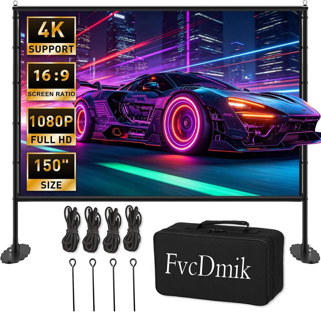 150 inch Projector Screen with Stand, 16:9 4K HD Portable Outdoor Movie Screen, Wrinkle-Free Foldable Indoor Projection Screen with Carry Bag & Ground Nails for Backyard Cinema Home Theater