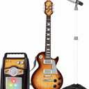 deAO Kids Electric Musical Guitar Play Set,Adjustable Height Microphone,Amplifier Set with Stand, Musical Guitar Play Set,Microphone, Amp, AUX, Birthday for Kids Boys Girls (Brown)