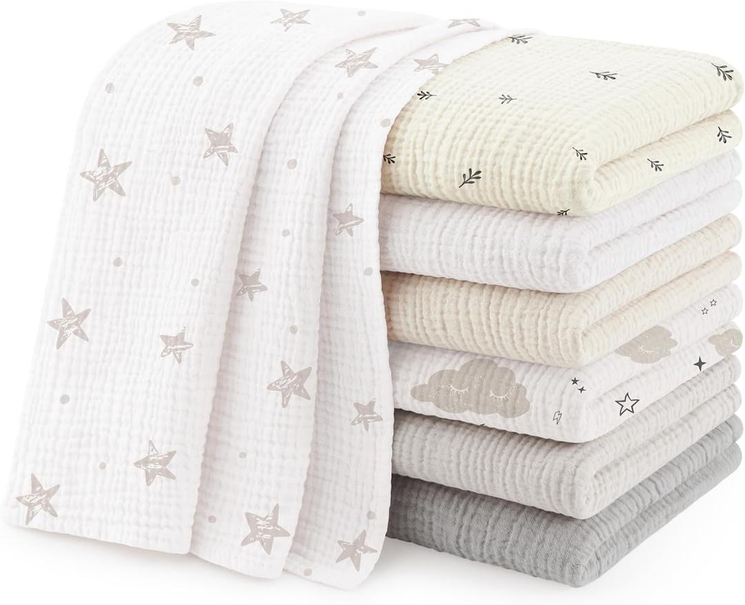 Susurration Muslin Burp Cloths 24x24 Inches Ultra Soft 100% Cotton, 4 or 7 Pack Baby Washcloths for Newborn, Absorbent Burp Rags & Swaddle Blankets (Star)