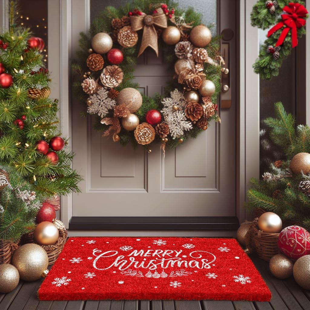 LuxUrux Merry Christmas Door Mat Outdoor 30x17 Inch - Elegant Winter Holiday Coir Doormat, Absorbent and Non-Slip for Outdoor Entrances Front Door.