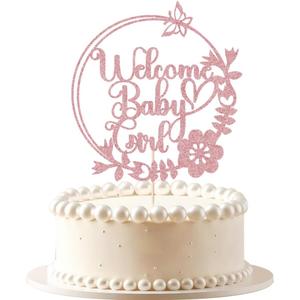 Welcome Baby Girl Cake Topper-Rose Gold Glitter circular Girl Cake Topper, for Baby Shower/Birthday Party/Gender Reveal Party Photo Booth Props (3)