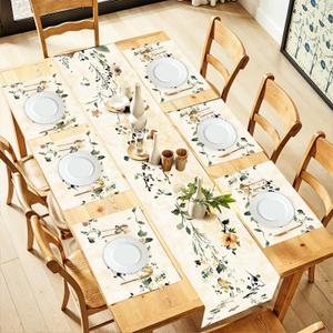 ANNA QUEEN Floral Table Runner and Placemats Set of 6, 13"x72" Beige Botanical Table Runner with 12"x18" Placemats, Bird and Flower Dining Table Decor for 4 to 6 People Kitchen or Farmhouse