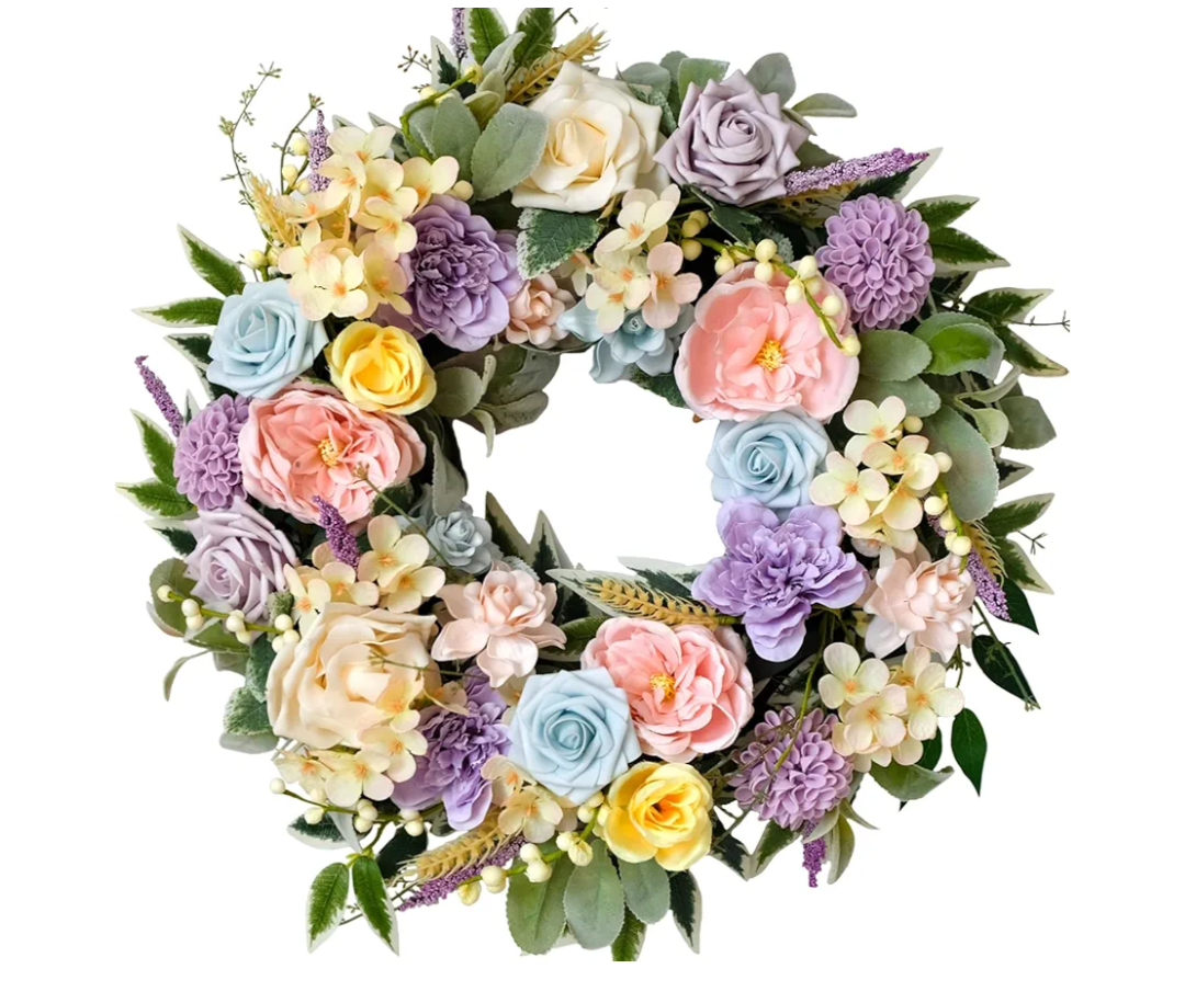 TEMPUS Spring Summer Wreath for Front Door 22 Inch Artificial Floral Wreath with Roses Peonies Hydrangeas Leaves for Door Wall Decoration Wedding Party Home Farmhouse Decoration