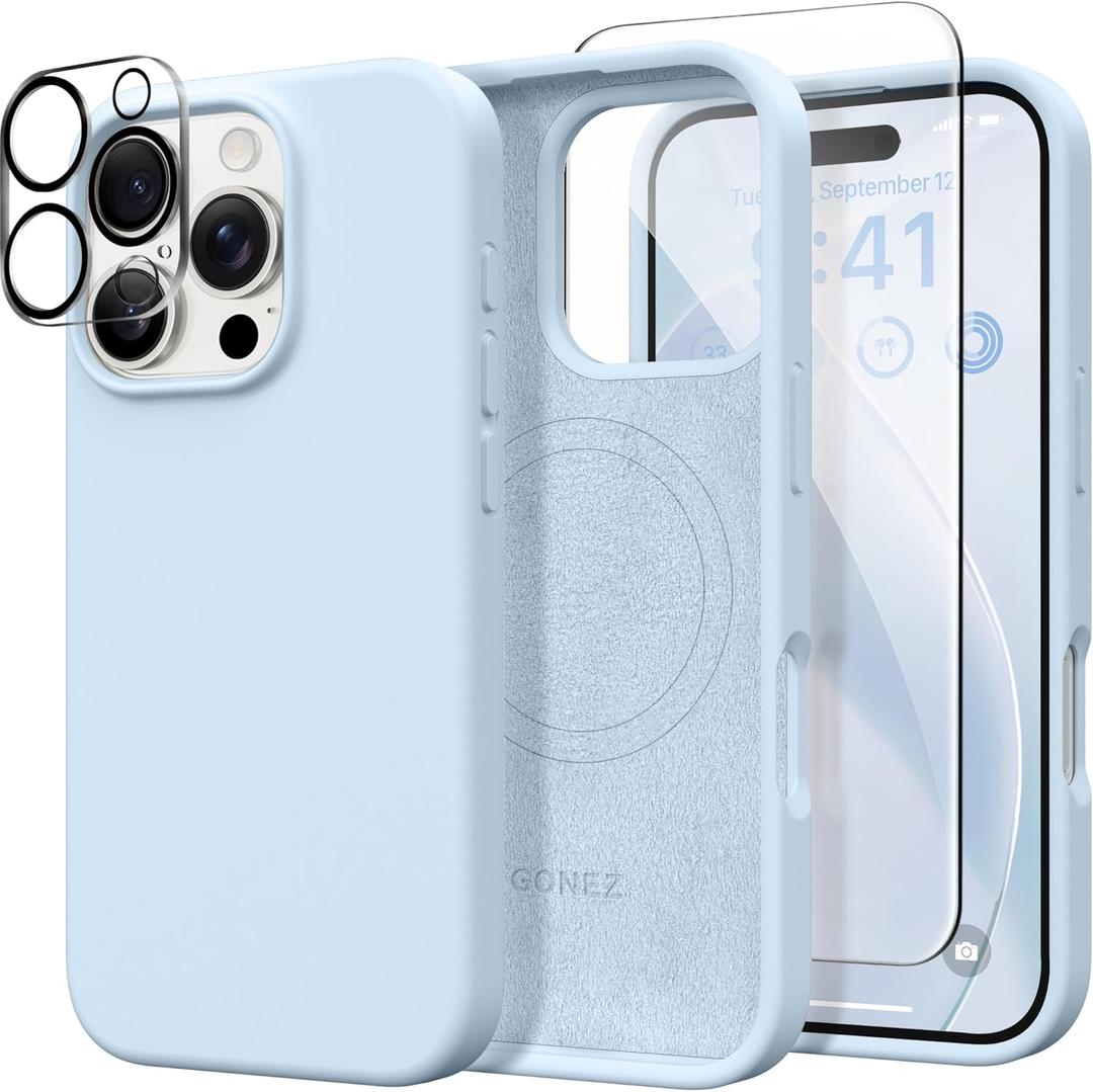 GONEZ Magnetic for iPhone 16 Pro Case, Compatible with MagSafe, [Screen Protector + Camera Lens Protector], Silicone Shockproof Anti-Scratch Protective Phone Case 6.3 inch, Blue