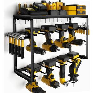 Power Tool Organizer, 8 Drill Holders Wall Mount, 3 Layer Heavy Duty Metal Storage for Garage Organization, Tools Storage with Hooks, Screwdriver Hammer Holder, Father's Day Mens Birthday Gift