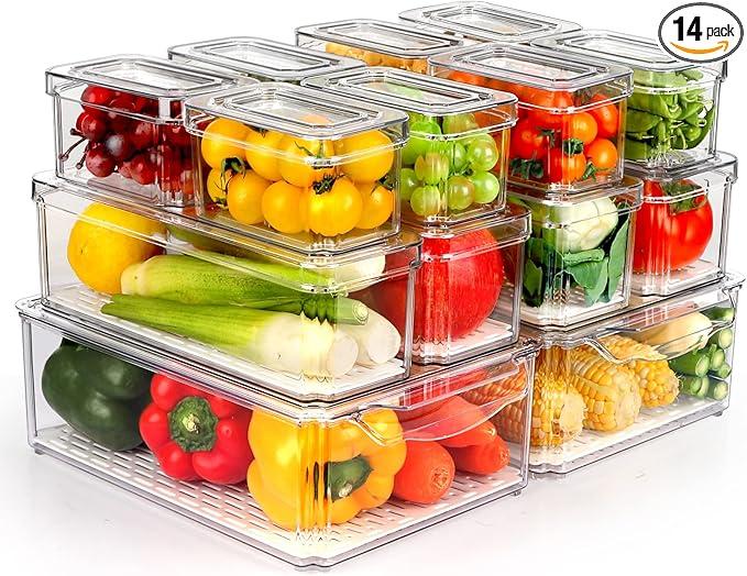 ZIJUND 14 Pack Fridge Organizer, Stackable Refrigerator Organizer Bins with Lids, BPAFree Fridge Organizers and Storage Containers for Fruit, Vegetable, Food, Drinks, Cereals, Clear