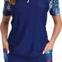 Halcurt Women's Two Piece Rash Guard Swim Shirts Built in Bra Swimsuit with Boyshorts with Pockets, Medium