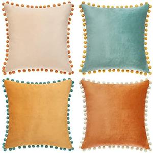 MONDAY MOOSE Decorative Throw Pillow Covers Cushion Cases, Set of 3 Soft Velvet Pom Poms Double-Sided Designs, Mix and Match for Home Decor, Pillow Inserts Not Included (20x20 inch, Orange/Teal)