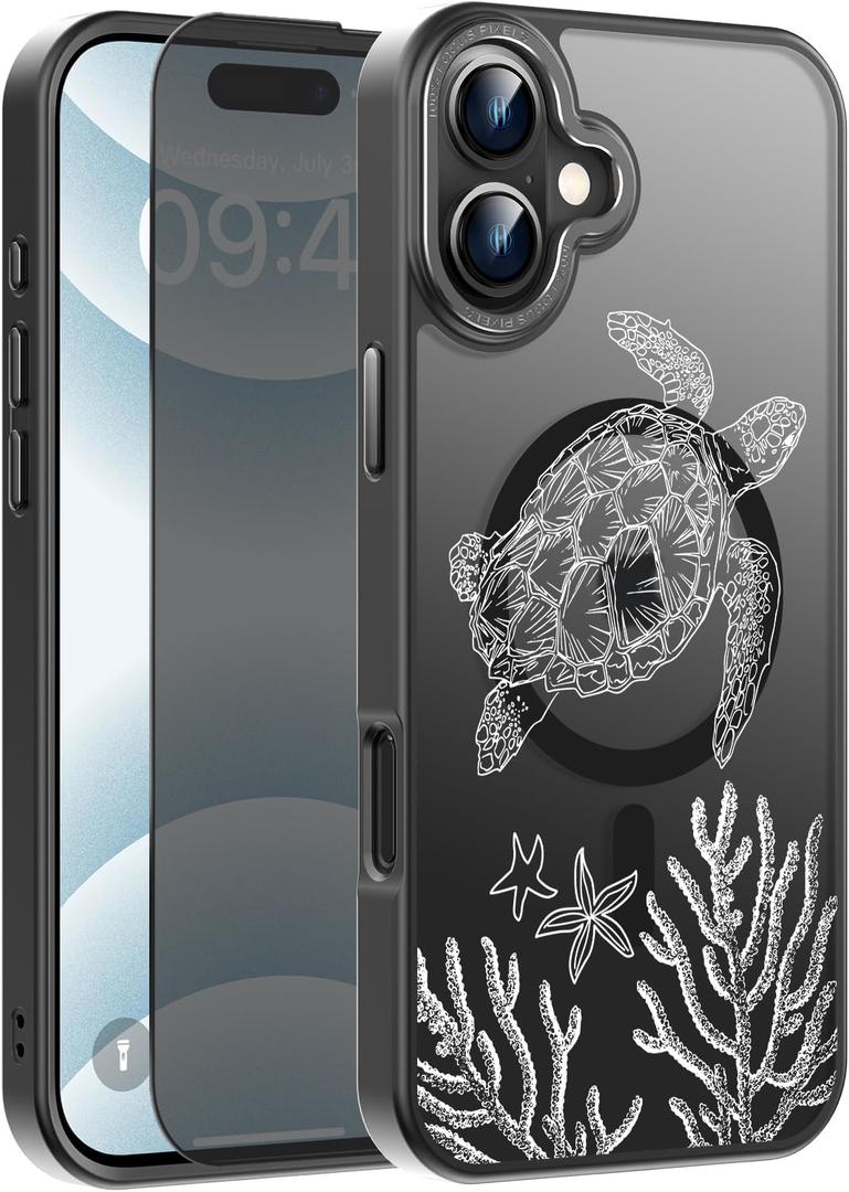 Goodon for iPhone 17 Case with Privacy Screen Protector, Compatible with Magsafe, Shockproof Translucent Matte Cover - Cute Floral Design Phone Case for Women and Girls - Sea Turtle