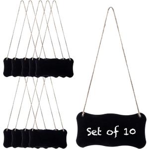 MyGift 5 Inch Mini Black Metal Chalkboard Sign Label with Hanging Jute String, Decorative Frameless Wave Edge Erasable Blank Slate Tag Board, Set of 10
