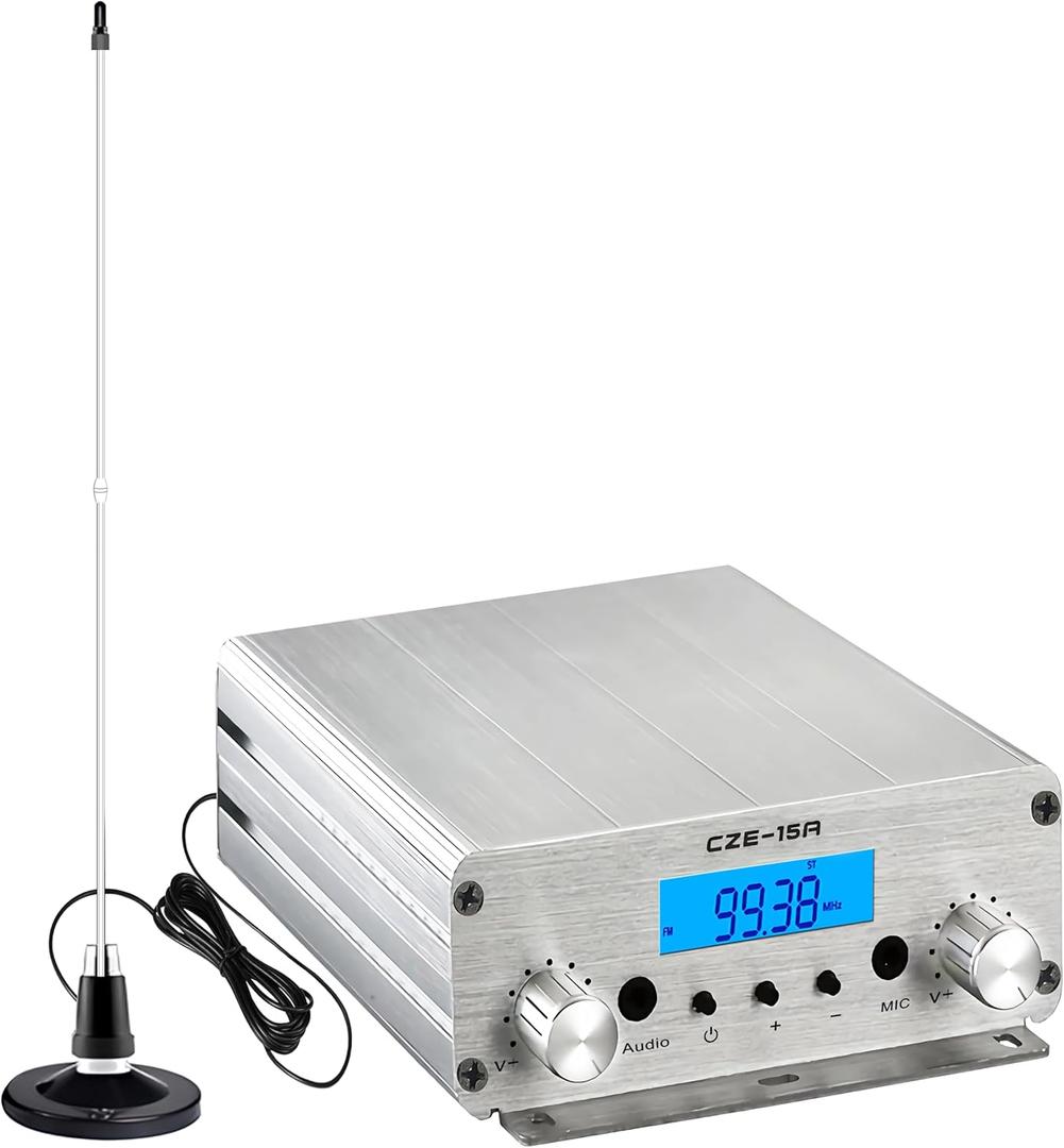 15W Long Range FM Broadcast Transmitter for Drive-in Movie, Church Parking Lot, Lights Fireworks Show,Fireworks Display,School, Supermarket Events with 3.5mm Mic Jack