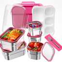 DaCool Stainless Steel Lunch Box Bento for Kids Adults Leakproof BPA-Free Metal Lunch Containers Tray 5-Compartment with Fork for Girls Food Snack Containers for School Outdoors, Pink