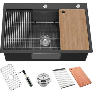Black Kitchen Sink Workstation, 33x22 Inch Stainless Steel Drop In Kitchen Sink Modern Large Single Bowl Kitchen Sink Gift Combo-SS Grid,Drying Rack,Cutting Board,Soap Dispenser, Drain Strainer Set