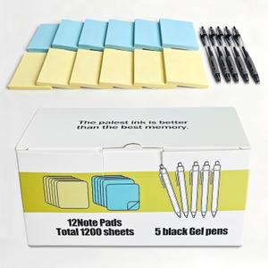 Office Supplies Sticky Notes Set with Pens - 12 Pads 3x3 Inch Self-Stick Notes (6 Yellow & 6 Blue) and 5 Black Retractable Gel Pens 0.5mm Fine Point, Convenient Bundle for Office