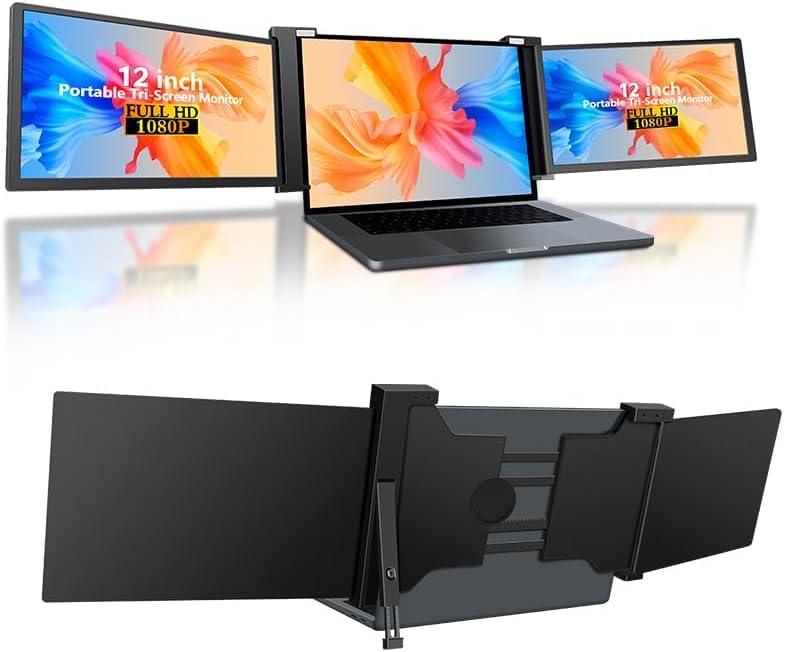 12" Triple Laptop Screen Extender, 1080P IPS FHD Portable Laptop Monitor Extended, Plug & Play Screen Extender with USB-C/HDMI for Mac/Windows/Chrome/Android, Black