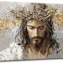 Large Jesus Portrait Canvas Wall Art Abstract Gold Thorns Jesus Painting Decor Pictures Beige Gray Christian God Posters Prints for Dining Living Prayer Room Kitchen Church Wall Bedroom Decoration, 24"L x 12"W