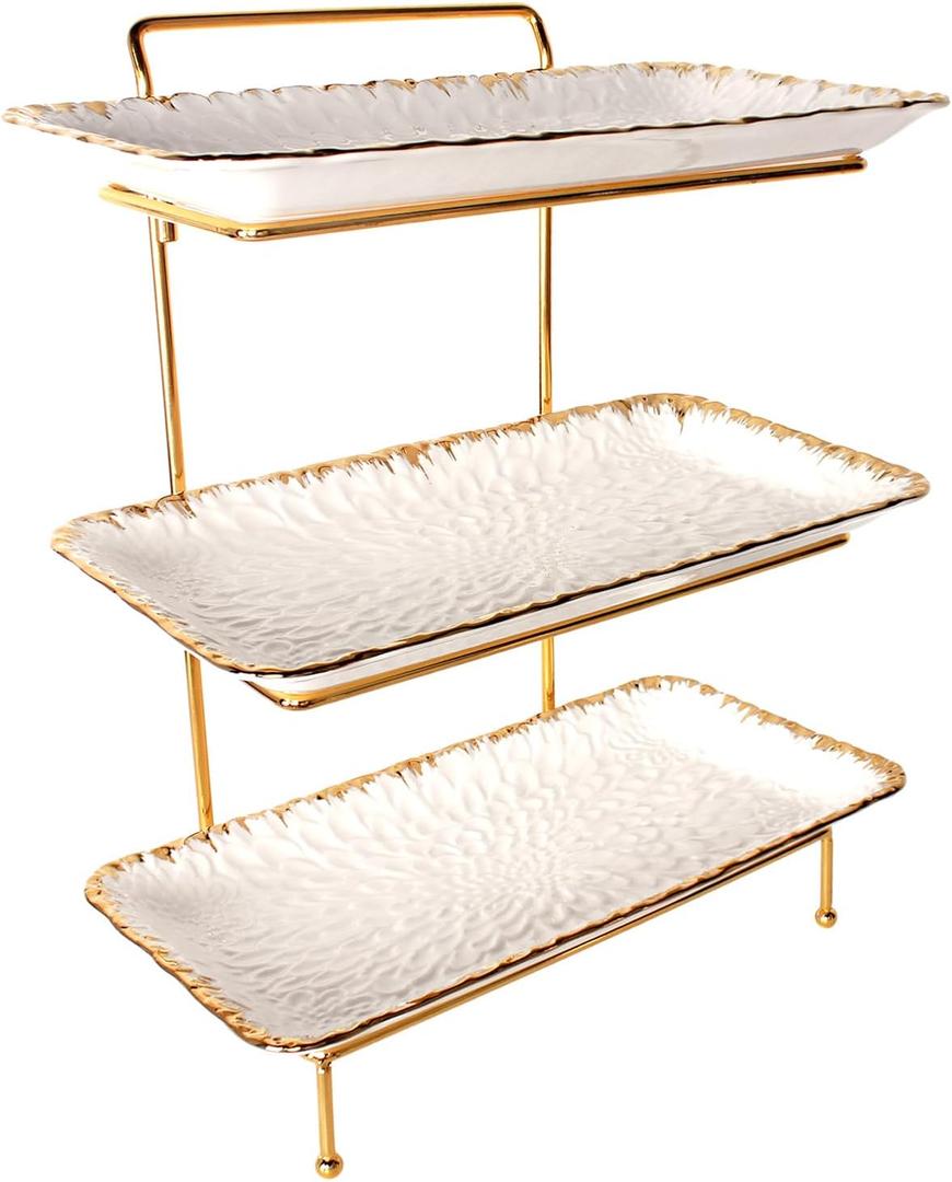 3-Tiered Serving Rack with Ceramic Tray, Foldable Gold Stand with 3-PCS 14 Inch Gold Rim Plates, for Food Display, Fruit, DessertDecoration for Parties Entertaining