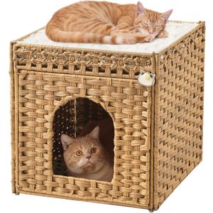 Cat Beds for Indoor Cats Extra Large Double Cat Cave Pet Cube, Handwoven Rattan Cat Houses with Double-Sided Soft Cushions, 18.5 x 20.5 x 19.1 Inches Foldable Hideaway in Living Room Natural