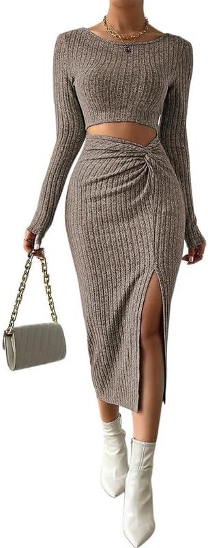 SISKIN Sweater Dress, Fall Slim Fit Long Sleeve Midi Twist Split Cut Out Knit Sexy Casual Dressy Dresses for Women 2025 (Khaki)