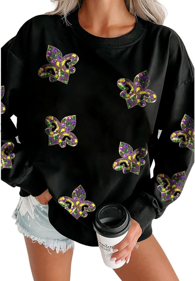 SELINK Womens Sequin Sweatshirt Oversized Crewneck Long Sleeve Casual Pullover Tops (Large, Black)