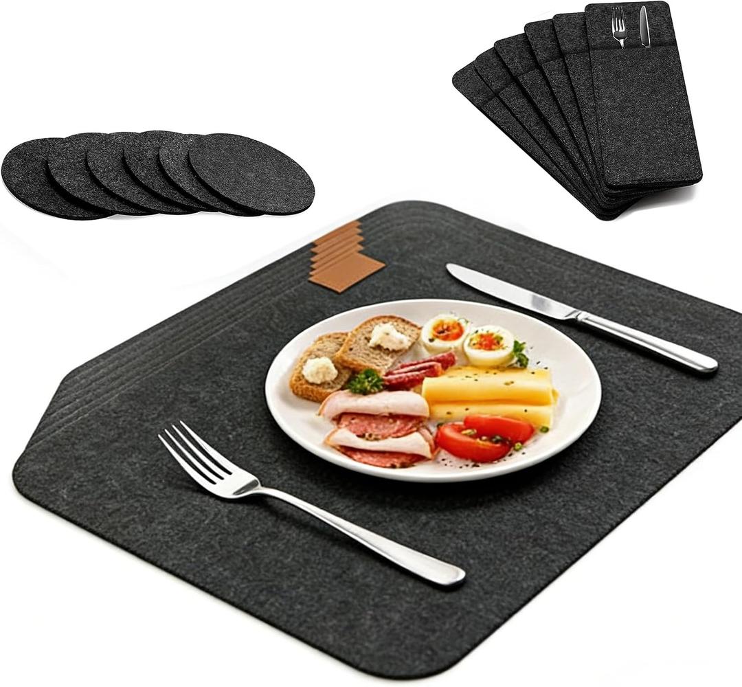 Placemats, Washable Heat-Resistant Felt Placemats, Set of 18 (6 Place Mats, 6 Coasters and 6 Knife Bags), Stain Resistant and Easy to Clean for Dining Table Place Mats