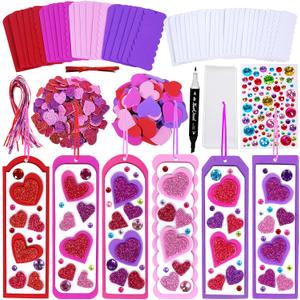 Winlyn 24 Sets Valentine's Day Decorations DIY Heart Bookmarks Valentine Craft Kits Blank Foam Bookmarks with Assorted Hearts Stickers for Kids Classroom Activities Reading Party Favors Gift Exchange