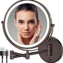 Rocollos Rechargeable Wall Mounted Lighted Makeup Mirror, 8 Inch Double-Sided LED Vanity Mirror 1X/10X Magnification,3 Color Lights Touch Screen Dimmable 360Swivel 13 Inch Extendable (Antique Bronze)