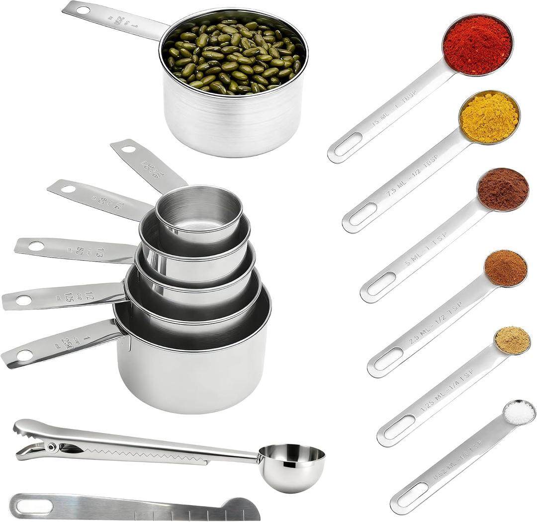 Measuring Cups and Spoons Set of 13, Stainless Steel 5 Nesting Measure Cups Set & 6 Measuring Spoons Set & 1 Leveler +1 Spoon Clip - Kitchen Baking Tools for Cooking.