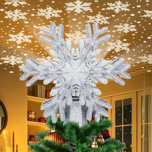 Christmas Tree Topper Star Lighted with LED Rotating Silver Snowflake Projector, Silver Snow Tree Topper Night Light Projector for Indoor Outdoor Christmas Tree Decorations (Silver Snowflake)