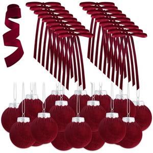 Syhood 38 Pcs Christmas Velvet Ornaments Decor Kit 2.36'' 18 Pcs Christmas Tree Ornaments Balls 18 Vintage Velvet Bows 5.5 Yard Ribbon for Xmas Tree Hanging Decorations, Wine Red