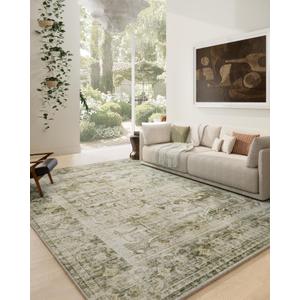 10x14 Area Rugs for Living Room: Large Washable Rug Non Slip Low Pile Soft Faux Wool Non Shedding Distressed Lightweight Vintage Boho Carpet for Bedroom Dining Room Kids Playroom Nursery Farmhouse (Green)