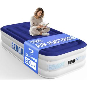Sebor Air Mattress Twin with Built-in Pump 18", Comfortable Self-Inflating Air Mattress with High-Speed Pump, Durable Blow Up Mattress Twin with Storage Bag for Guests, Camping, Travel (Blue White)