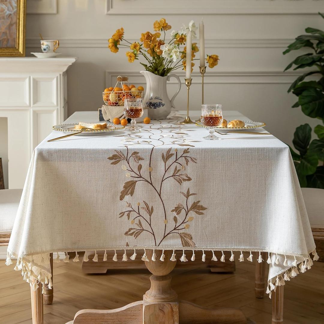 Oubonun Cotton Linen Rectangular Tablecloth - Wrinkle Resistant & Waterproof - Machine Washable Table Cloth with Tassels for Kitchen & Dining, 55''x70'', 4-6 Seats (Beige, Coffee Leaf)