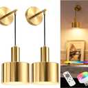 NIORSUN Battery Operated Wall Sconce Set of 2, Gold Wireless Rechargeable Wall Lights with 5200mAh Dimmable Detachable Bulbs and Remote, 9 Colors Sconces Wall Decor for Bedroom Living Room Hallway