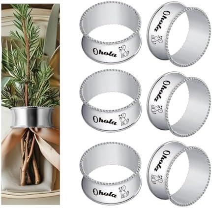 Set of 2 Pack, 6 PCS Napkin Rings, Ohola Stainless Steel Silver Napkin Ring Set of 6 for Table Settings Kitchen Dinner Party Wedding (Stylish Dog Pattern)