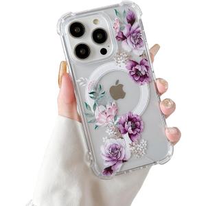 DEFBSC Magnetic Case for iPhone 16 Pro Work with Magsafe, Clear Floral Flower Pattern Print Design Flexible Acrylic Shockproof Cover for Women Girls, Flower Protective Phone Case, Purple Peony