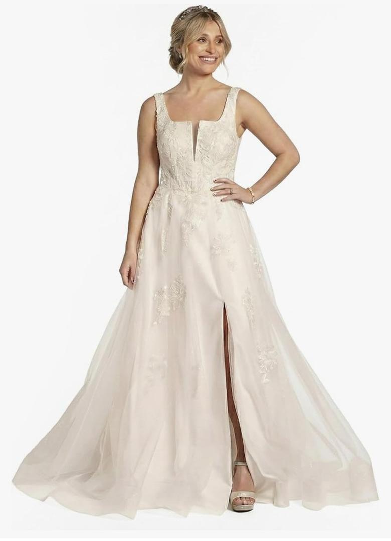 David's Bridal The Edit Square Neck Tulle and Lace Ball Gown Wedding Dress, Size 14