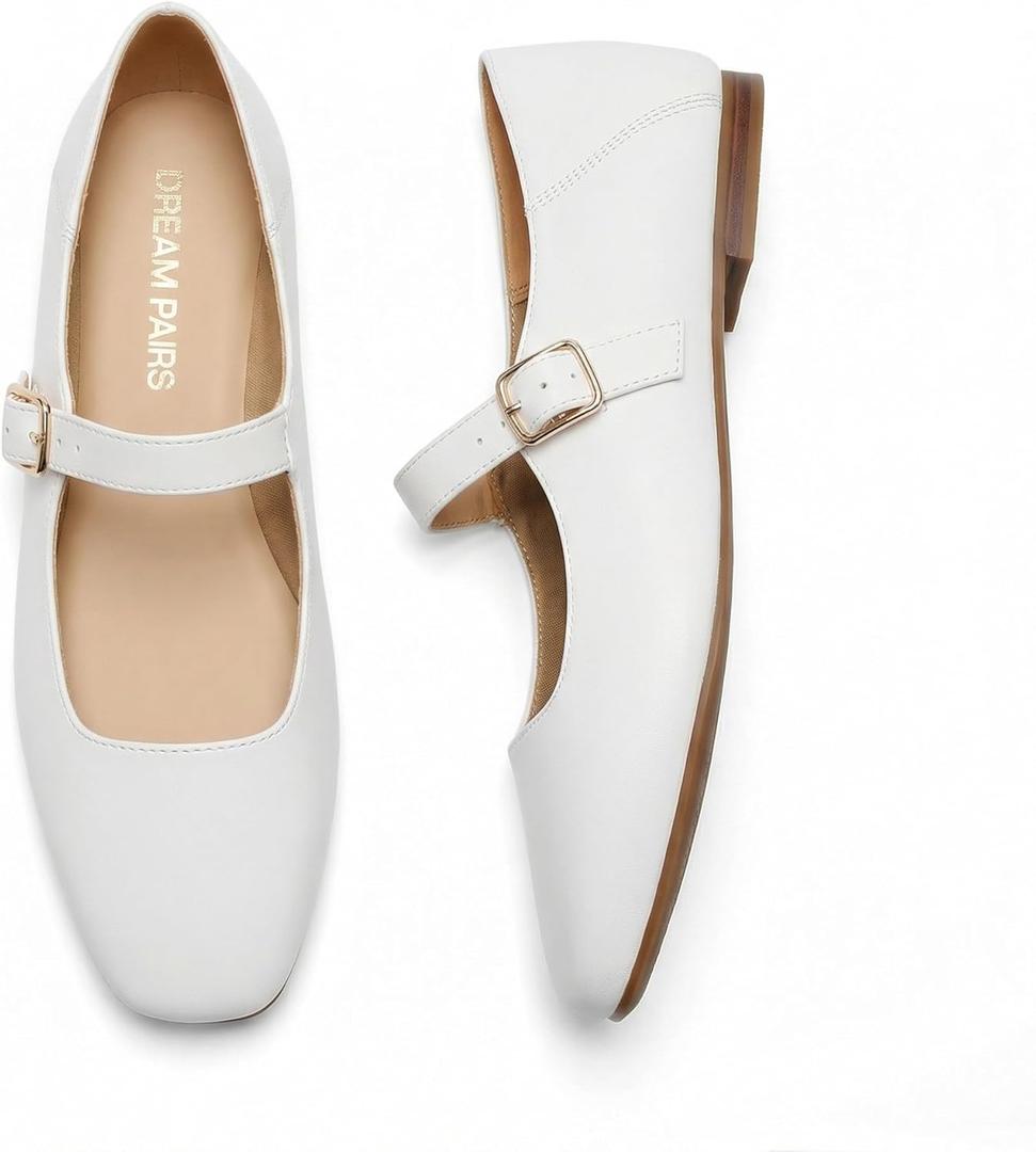 DREAM PAIRS Women's Flats Square Toe Mary Jane Flats Comfortable Casual Dress Shoes Ballet Flats with Buckle Strap Casual Work Office Mary Jane Shoes (11, White)
