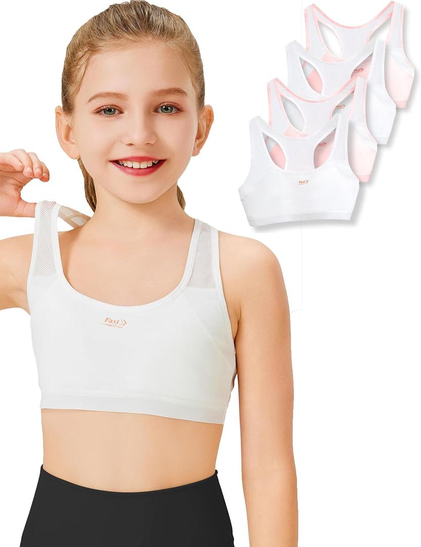 Girls Training Bra for 8-14 - First Wireless Seamless Sports Bra with Sewn-in Padding - Breathable Cotton Racerback - 4-Pack (10-12 Years, White+white+pink+pink)
