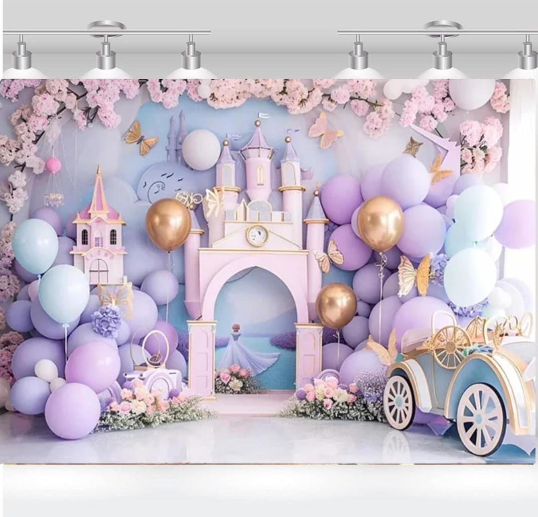 Princess Castle Backdrop Photography Flower Pink Floor Decorations Girls 1st Birthday Cake Crush Party Photo Background Photo Studio Banner (7x5FT)