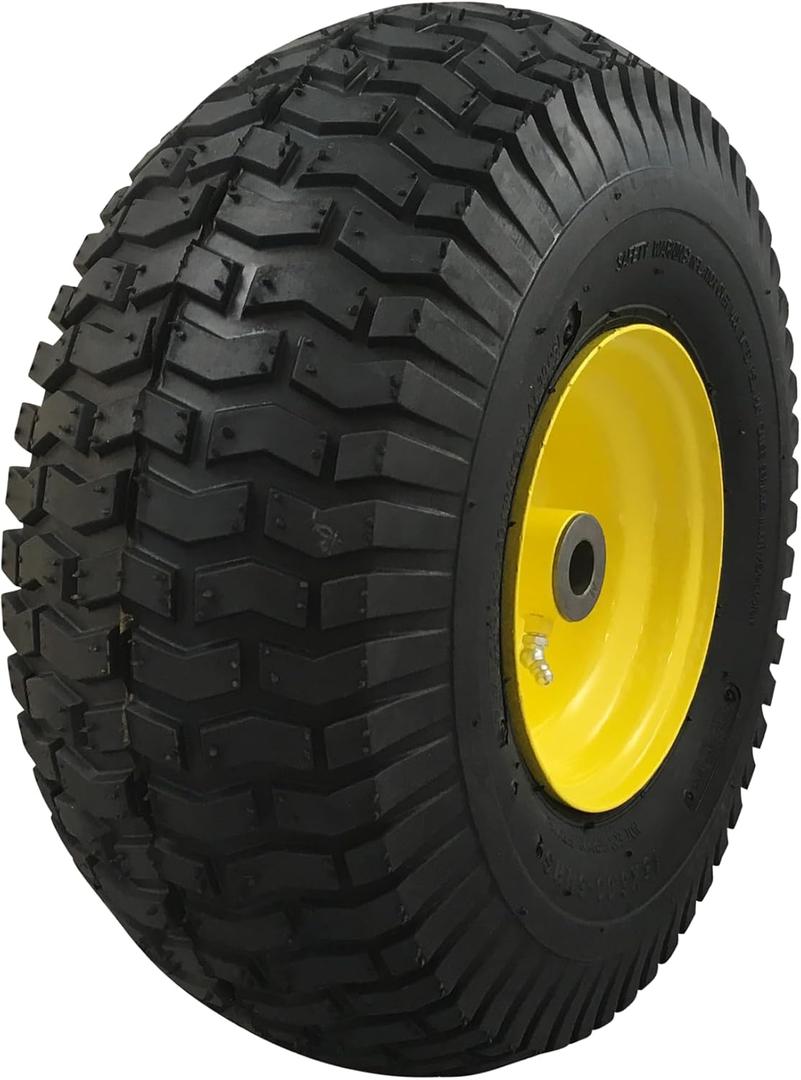 15x6.00-6 Pneumatic, OEM Like Replacement Front Tire and Wheel Assembly, Compatible with John Deere Mowers, Turf Saver, 4PR Tube-Type Tire, Yellow Wheel, 3-Inch Offset Hub, 3/4-Inch Bushings
