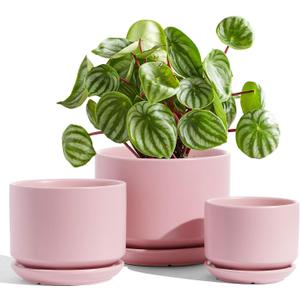 LE TAUCI Ceramic Plant Pots, 4.3+5.3+6.8 inch, Set of 3, Planters with Drainage Hole and Saucer, Indoor Flower Pot with Hole Mesh Pad, Gifts for Mom, Pink