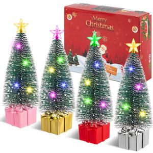 PCTCSHQ Mini Christmas Tree with Lights, 4 Pack Small Tabletop Christmas Trees for Indoor Xmas Holiday Party Centerpieces Decorations for Table
