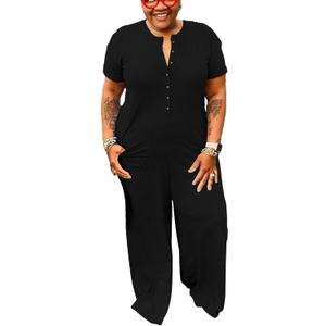 YeGine Plus Size Women Short Sleeve Loose Jumpsuit Casual Rompers One Piece Button Up Wide Leg Jumpsuits (3X-Large Plus, 2-black)