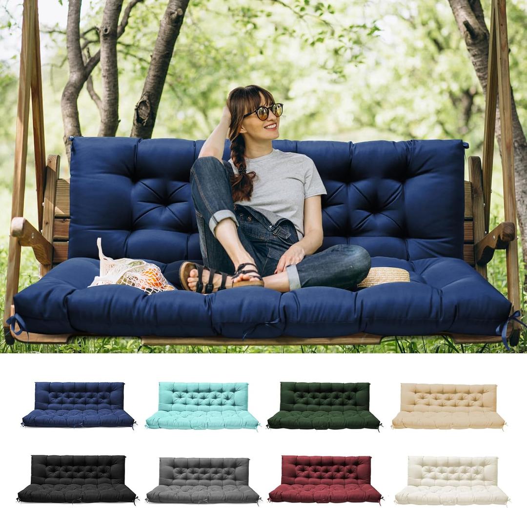 Porch Swing Cushions with Backrest, Replacement Swing Cushions Waterproof for Outdoor Patio Furniture, 2-3 Seater Outdoor Swing Bench Cushions Replacement with Ties (Navy, 60x40 Inches)