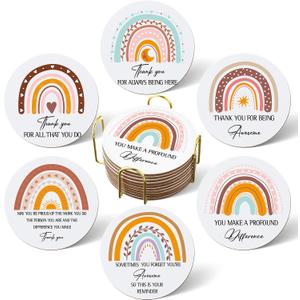 Skylety 48 Pcs Thank You Appreciation Coasters Set with Cork Bottom Rainbow Water Absorbent Farmhouse Coasters Thanksgiving Christmas Cupholder Mat Gifts for Teacher Coworker Housewarming