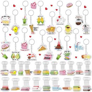 100Pcs Valentine's Day Keychains Gifts Bulk, Funny Heart-Shaped Acrylic Keychains Cute Love Heart Cartoon Printed Keyring Gifts for Valentine Goody Bag Fillers, Wedding Anniversary Party