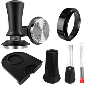 Coffee Tamper 51 mm Set, Upgraded Espresso Tamper Set Including WDT Tool, Dosing Ring 51 mm, Tamper Mat,304 Stainless Steel Coffee Tamper with Scale Adjustment for Cafes Coffee Lovers Home Office